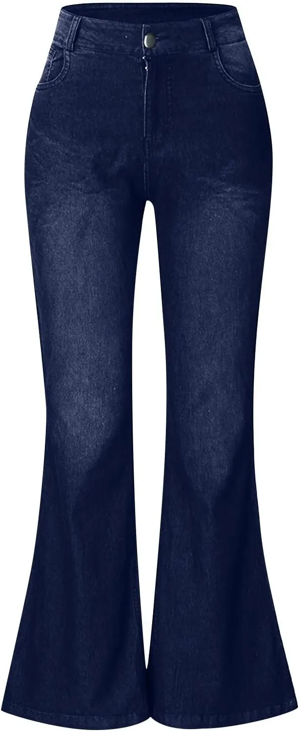 Women's Vintage Flare Jeans High Waist Stretch Denim Bell Bottoms Jeans Retro Bell-Bottomed Pants Plus Size
