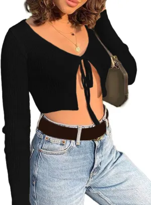 xxxiticat Women's Front Tie Up Crop Top Shirt Long Sleeve Lace Up Knitted Open Cardigan V Neck Bolero Cropped Basic Tees