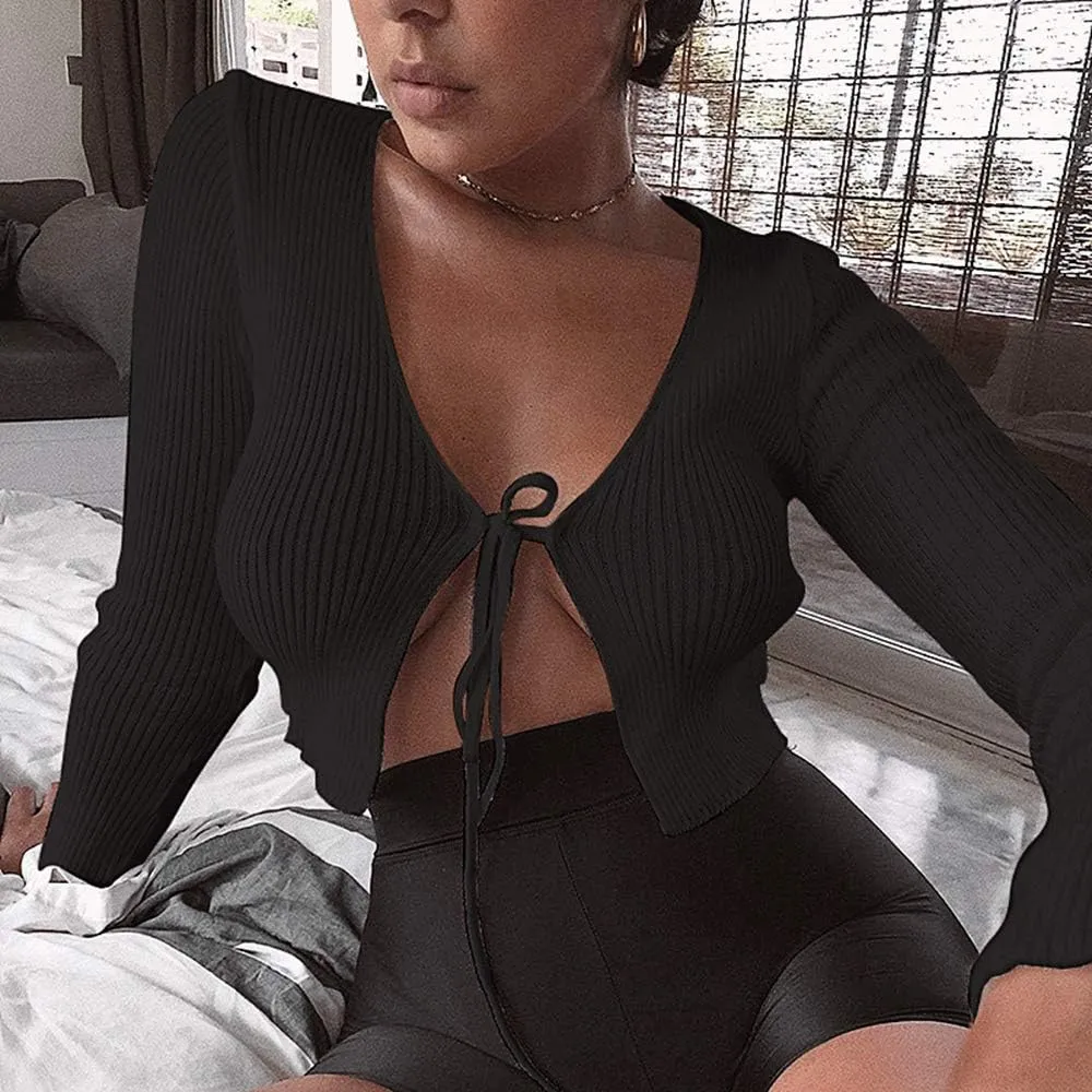 xxxiticat Women's Front Tie Up Crop Top Shirt Long Sleeve Lace Up Knitted Open Cardigan V Neck Bolero Cropped Basic Tees
