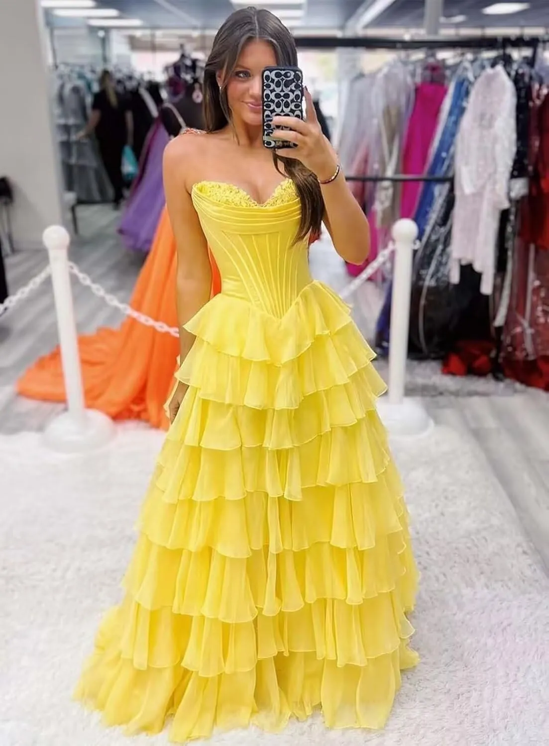 YAUTKA Tiered Chiffon Prom Dresses 2025 Long Strapless Satin Lace Formal Dresses for Women with Slit Cocktail Gowns for Teens