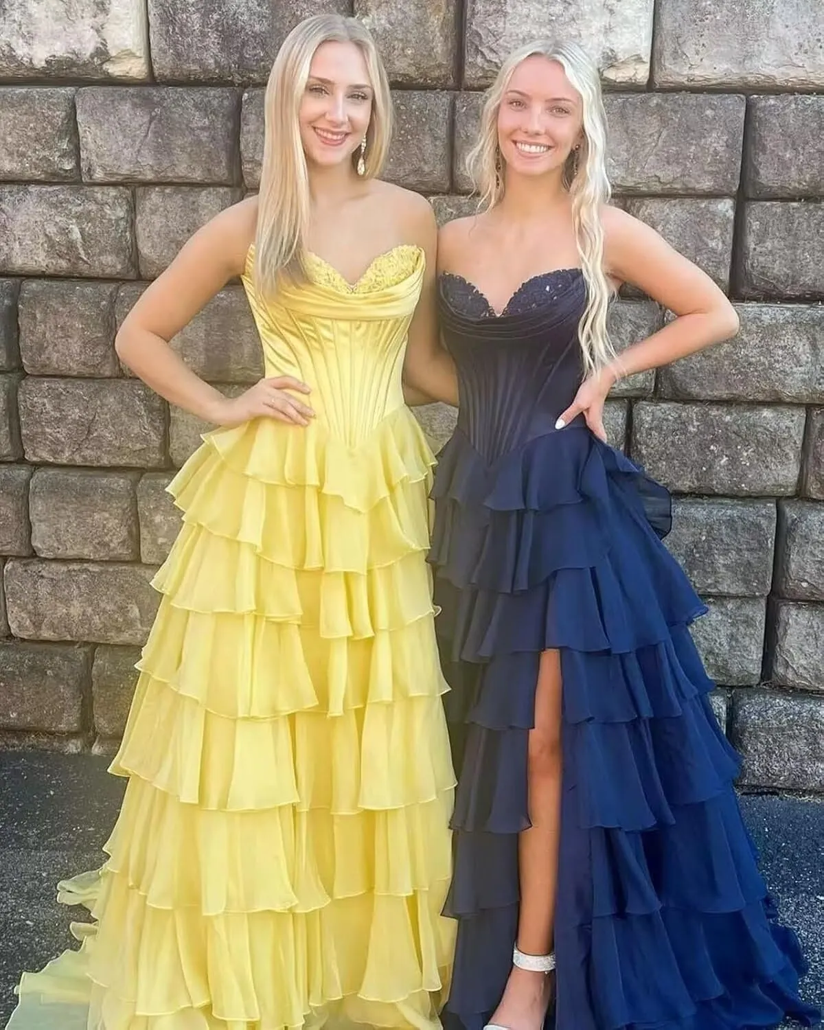 YAUTKA Tiered Chiffon Prom Dresses 2025 Long Strapless Satin Lace Formal Dresses for Women with Slit Cocktail Gowns for Teens