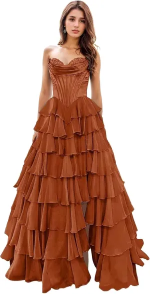 YAUTKA Tiered Chiffon Prom Dresses 2025 Long Strapless Satin Lace Formal Dresses for Women with Slit Cocktail Gowns for Teens