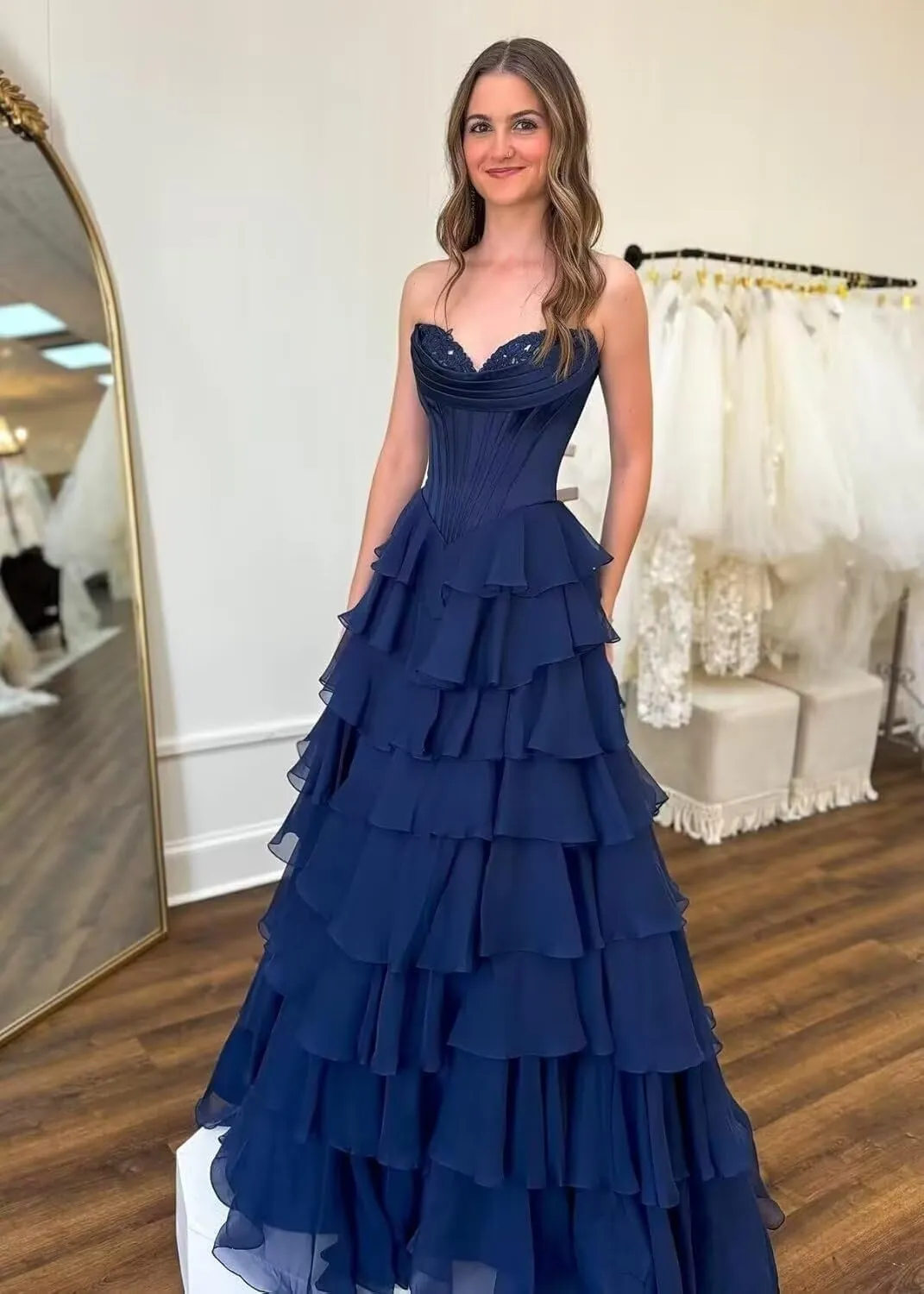 YAUTKA Tiered Chiffon Prom Dresses 2025 Long Strapless Satin Lace Formal Dresses for Women with Slit Cocktail Gowns for Teens