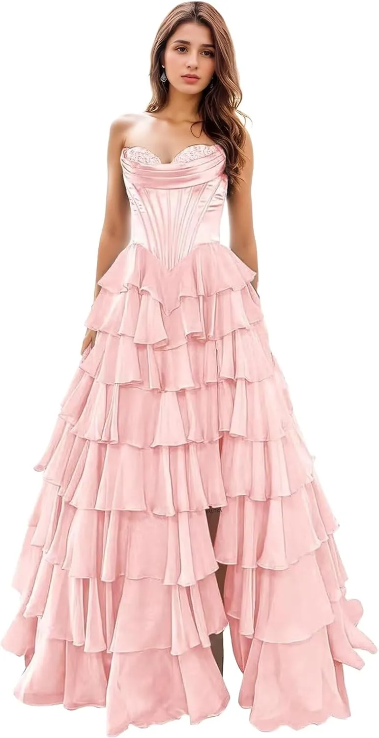 YAUTKA Tiered Chiffon Prom Dresses 2025 Long Strapless Satin Lace Formal Dresses for Women with Slit Cocktail Gowns for Teens