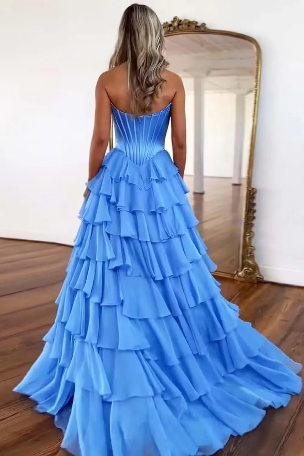 YAUTKA Tiered Chiffon Prom Dresses 2025 Long Strapless Satin Lace Formal Dresses for Women with Slit Cocktail Gowns for Teens
