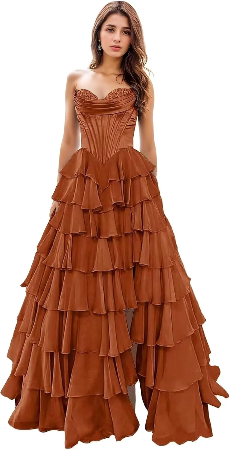 YAUTKA Tiered Chiffon Prom Dresses 2025 Long Strapless Satin Lace Formal Dresses for Women with Slit Cocktail Gowns for Teens
