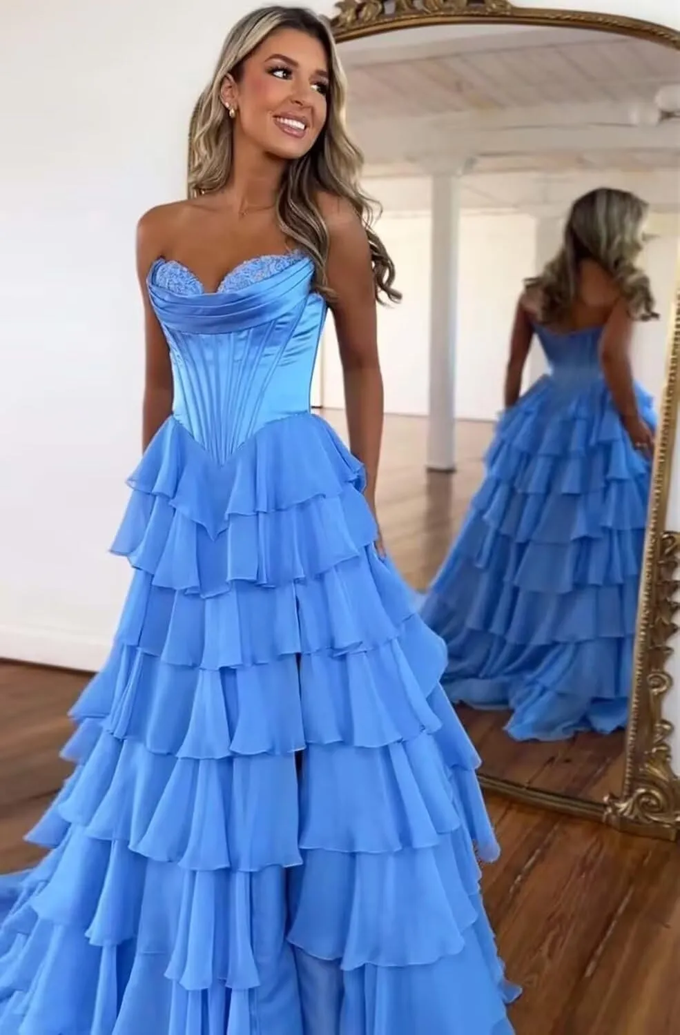 YAUTKA Tiered Chiffon Prom Dresses 2025 Long Strapless Satin Lace Formal Dresses for Women with Slit Cocktail Gowns for Teens