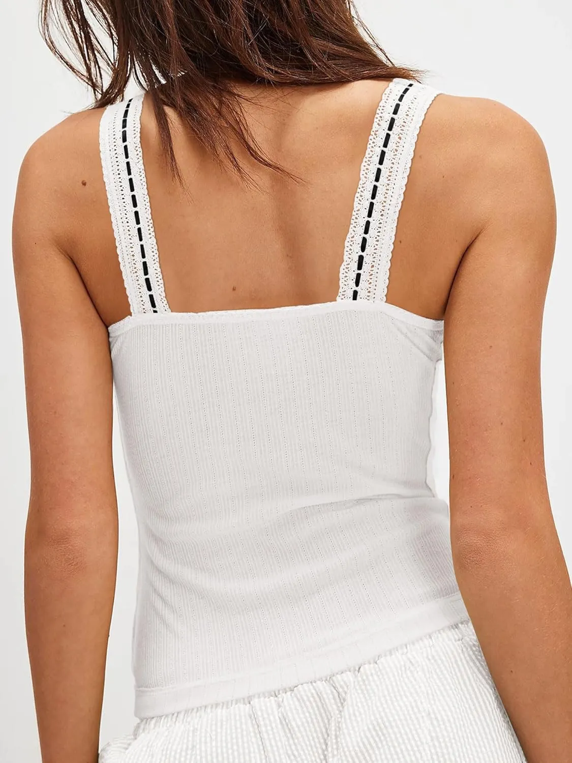 Yousify Womens Lace Trim Camisole Tank Tops Summer Y2K Scoop Neck Sleeveless Slim Fitted Ribbed Cami Tops