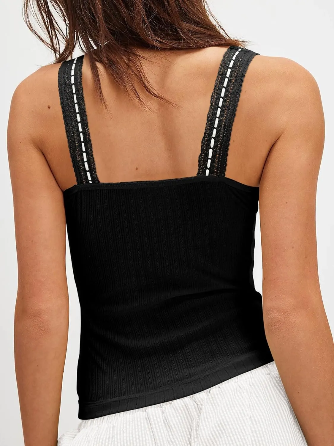 Yousify Womens Lace Trim Camisole Tank Tops Summer Y2K Scoop Neck Sleeveless Slim Fitted Ribbed Cami Tops