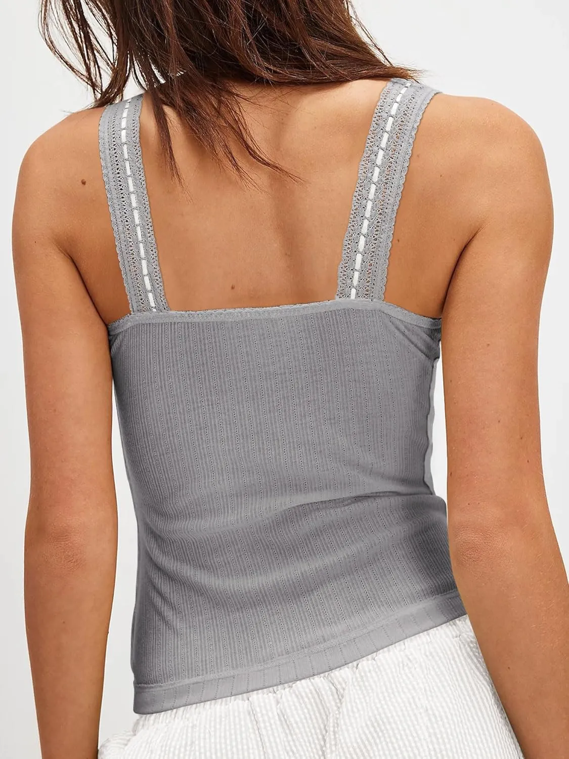 Yousify Womens Lace Trim Camisole Tank Tops Summer Y2K Scoop Neck Sleeveless Slim Fitted Ribbed Cami Tops