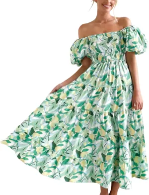 ZYXTIM Womens Off The Shoulder Summer Dresses Floral Printed Short Puff Sleeve Smocked Casual Dress Boho Beach Long Dresses